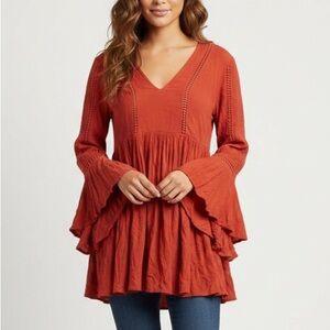 Women's Earthbound Trading Co Rust V-Neck Bell Sleeve Top or Mini Dress